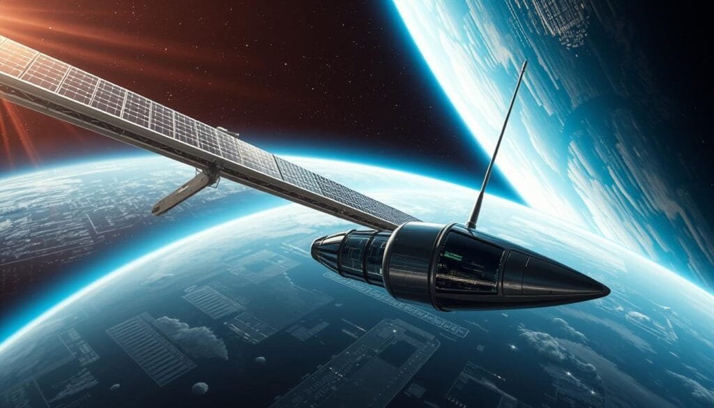 A technologically advanced space elevator stretching from Earth to the sky, its sleek metallic structure rising gracefully against a backdrop of shimmering stars. Gleaming solar panels harness the power of the sun, powering the elevator's smooth ascent. In the foreground, a futuristic transport capsule glides effortlessly along the tether, offering a breathtaking view of the planet below. The scene is bathed in a warm, futuristic glow, hinting at the vast potential of this ambitious engineering marvel. Streamlined and elegant, this space elevator represents the pinnacle of human ingenuity, a tangible manifestation of our technological dreams.