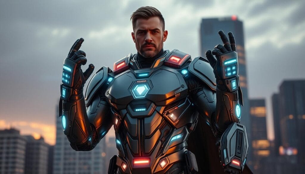 A technologically-advanced superhero stands tall, their costume infused with intricate circuitry and digital displays. Holographic projections emanate from their gauntlets, casting a futuristic glow upon the cityscape backdrop. Sleek metallic armor plates cover vital areas, seamlessly blending form and function. The hero's stance is one of power and determination, their gaze fixed with laser-like focus. Subtle lights pulse rhythmically, hinting at the advanced systems coursing through their body. An aura of cutting-edge innovation permeates the scene, showcasing how technology has revolutionized the interpretation of the classic superhero archetype.
