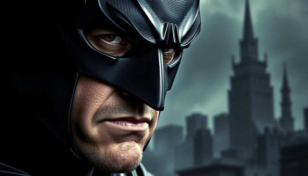 A thought-provoking portrait of Batman, capturing the duality of his nature. In the foreground, a close-up of his intense, brooding gaze, conveying a sense of inner turmoil and moral ambiguity. The middle ground features his iconic cowl, partially obscured, hinting at the man behind the mask. The background is a muted, somber cityscape, with shadows and architectural details that echo the complexity of his role as both protector and potential problem. The lighting is dramatic, casting deep shadows and highlighting the contrasts within the subject. The overall atmosphere is one of contemplation, inviting the viewer to critically examine the character's motivations and methods.