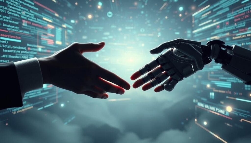A thoughtful debate on the control of artificial intelligence, unfolding against a backdrop of ethereal, ever-shifting technological landscapes. In the foreground, a pair of hands, one human and one mechanical, reaching towards each other in a symbolic gesture of negotiation and understanding. The lighting is soft and diffused, casting a contemplative glow across the scene. The middle ground is filled with a swirling matrix of data, lines of code, and abstract projections, hinting at the complex algorithms and systems that underlie AI. The distant background fades into a mysterious void, suggesting the vast unknowns and potential consequences of unchecked technological progress. The overall mood is one of introspection, balance, and the search for a harmonious coexistence between human and artificial intelligence.