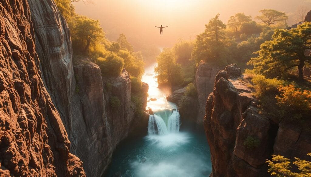 A thrilling journey through the heart of nature, an extreme adventure that ignites the senses. In the foreground, a rugged cliff face, its jagged edges carved by the elements, beckons the explorer. Beneath, a cascading waterfall crashes into a pristine pool, its mist creating a refreshing haze. The middle ground reveals a lone figure, poised on the edge, arms outstretched, embracing the exhilaration of the moment. Surrounding them, a lush, verdant landscape, dotted with towering trees and vibrant foliage, sets the stage for this emotional escape. Warm, golden light filters through, casting a serene glow and evoking a profound sense of tranquility and wonder. This image captures the essence of the emotional benefits of extreme adventure tourism, where the mind and spirit are rejuvenated through the sheer power of nature.