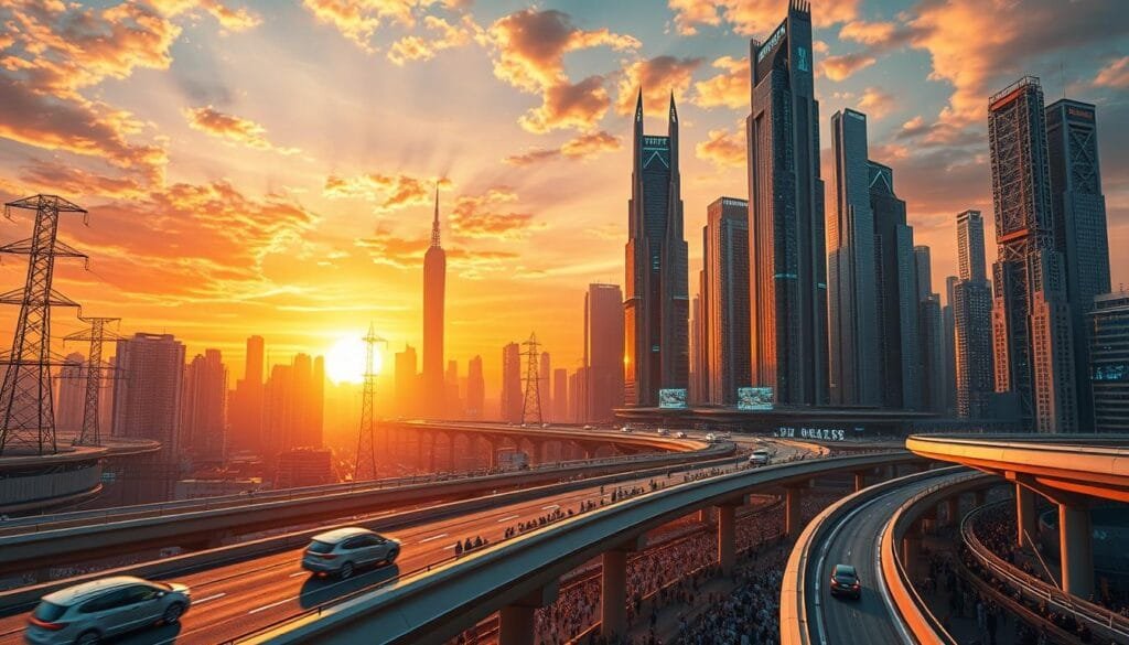 A towering, futuristic cityscape against a vibrant, sunset-hued sky. In the foreground, sleek, autonomous vehicles glide along gleaming, elevated highways, their advanced AI systems controlling their movements with precision. Clusters of gleaming skyscrapers, their facades adorned with holographic displays, reach towards the heavens, symbolizing humanity's technological ascent. In the middle ground, bustling crowds of citizens intermingle with advanced service robots, showcasing the seamless integration of artificial intelligence into everyday life. The background is a symphony of light and energy, with crackling electrical pylons and pulsing data streams, all culminating in a sense of dynamic, technological revolution.