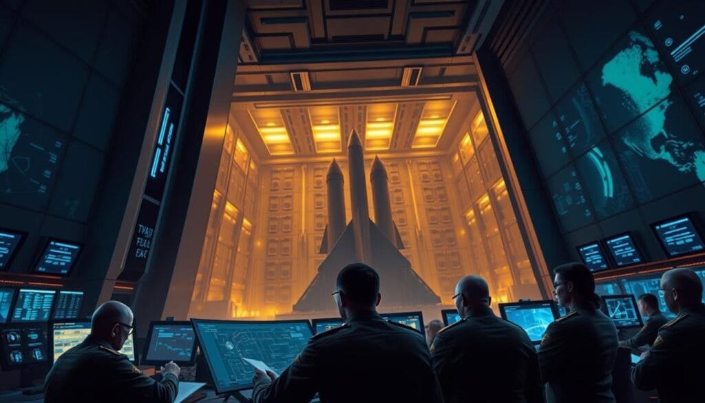 A towering military command center, its sleek angular facade bathed in an ominous glow. In the foreground, a gathering of high-ranking officers poring over schematics and data readouts, their expressions grave and resolute. The background reveals a vast nuclear missile silo, its silos gaping open, ready to unleash devastating power. The scene is lit by a combination of warm, amber-toned task lighting and the eerie blue luminescence of the command center's displays, creating a sense of tension and unease. The overall atmosphere conveys the weight of the decisions made within these walls, the delicate balance of power and the grave consequences of a misstep in this high-stakes game of nuclear deterrence.
