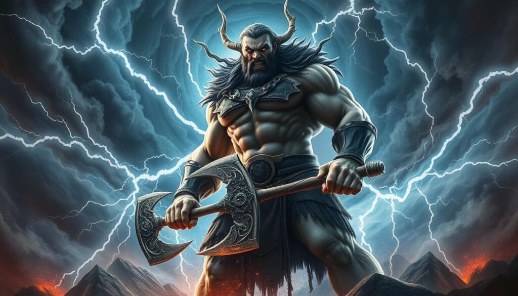 A towering, muscular figure stands amidst a raging storm, his face twisted in a fierce expression of divine wrath. Crackling electricity arcs around him, the air thick with the scent of ozone. In his hands, he wields a giant, ornate battle-axe, its blade glowing with an unearthly light. The background is a swirling vortex of dark clouds and jagged lightning, creating a sense of cosmic power and ancient, primordial forces at play. The overall mood is one of unbridled vengeance and the raw might of a vengeful deity, poised to unleash his divine retribution upon the world.