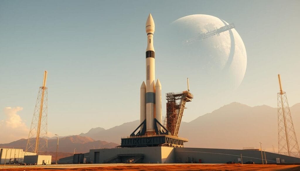 A towering rocket stands majestically on a launchpad, its sleek, reusable booster stages ready for a historic mission. The scene is bathed in a warm, golden glow, casting dramatic shadows across the intricate engineering details. In the background, a gleaming space station orbits above, a testament to the innovative spirit driving the private space race. The atmosphere is one of anticipation and technological wonder, hinting at the limitless possibilities of this new era of space exploration.