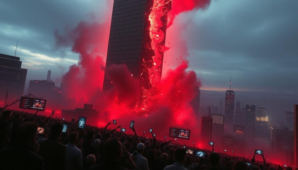 A towering skyscraper crumbles, its glass facade shattered, as a digital storm rages across a grim cityscape. In the foreground, a sea of panicked faces reflects the chaos - stockbrokers, executives, and ordinary citizens caught in the maelstrom of a crippling technological failure. The scene is bathed in an eerie, crimson glow, as if the very lights of the financial district have been extinguished. Cascading data streams and glitching holographic displays hint at the scale of the catastrophe, with the distant horizon obscured by a hazy pall of uncertainty. This is the 'financial impact of technological failures' - a cautionary vision of the consequences when the digital foundations of our global economy crumble.