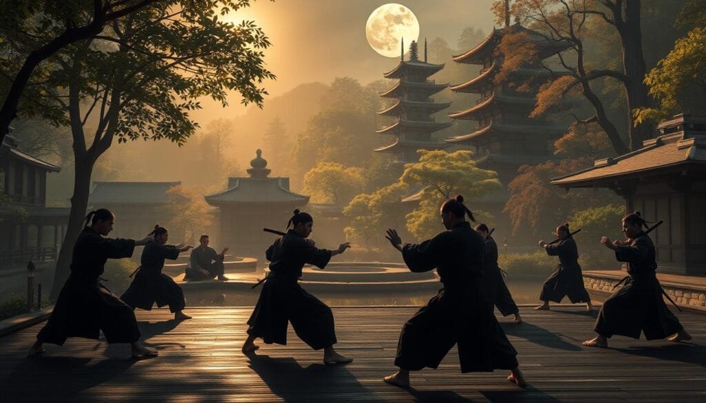 A tranquil dojo nestled in the lush forests of Iga and Kōka, ninja trainees hone their skills under the watchful eye of seasoned masters. Moonlight filters through the trees, casting a warm glow on the sparring practitioners as they execute precise katas, their movements fluid and disciplined. In the background, a serene pond reflects the towering silhouettes of ancient pagodas, a testament to the rich cultural heritage of these renowned ninja clans. The atmosphere is one of focus, determination, and a reverence for the centuries-old traditions of the ninja way.