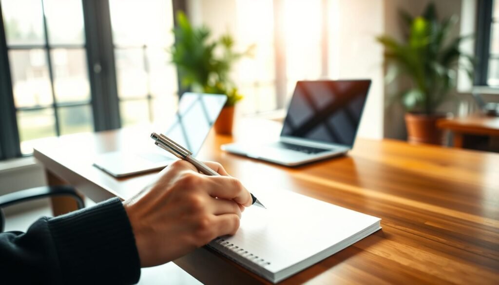 A tranquil office scene with a wooden desk, a potted plant, and a laptop. Bright, natural lighting streams in through large windows, casting a warm glow on the work surface. In the foreground, a pair of hands hold a pen, poised to write down clear, concise goals on a crisp, white notepad. The background is blurred, drawing the viewer's focus to the task at hand - defining the path forward with unwavering clarity. The overall atmosphere is one of focus, productivity, and a sense of purpose.