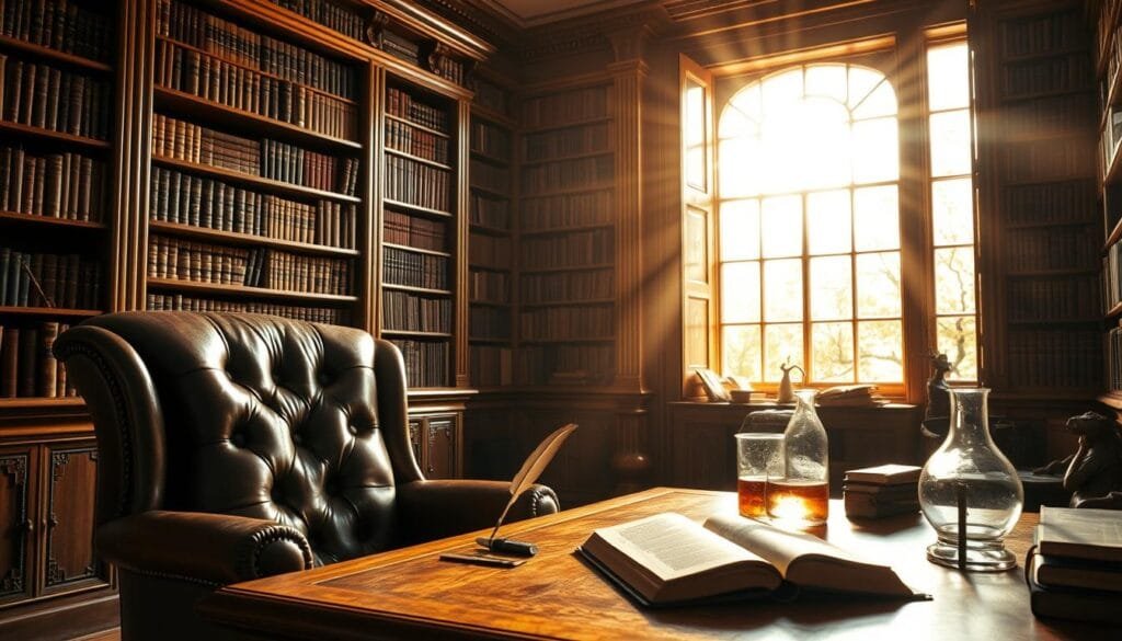 A tranquil, sun-dappled study filled with the tools of philosophical and scientific inquiry. In the foreground, a well-worn leather armchair and a polished wooden desk bearing a quill pen, an open book, and a glass beaker filled with a swirling, translucent liquid. The middle ground reveals tall bookshelves lining the walls, their shelves brimming with ancient tomes. In the distant background, a large window allows streams of warm, golden light to bathe the room, casting a soft glow upon the scene. An air of contemplation and discovery permeates the space, hinting at the profound insights that have been born within these hallowed walls.