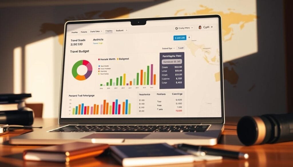 A travel budget dashboard displayed on a laptop screen, with a world map in the background. The dashboard shows pie charts, bar graphs, and numerical data, providing a clear visualization of the budgeting process. The scene is illuminated by a warm, natural light, creating a sense of organization and efficiency. The laptop is placed on a wooden desk, with a few travel-related items, such as a passport and a pen, in the foreground. The overall atmosphere conveys the idea of a well-planned and managed travel budget, supporting the article's theme of circumnavigating the globe on a backpacker's budget.