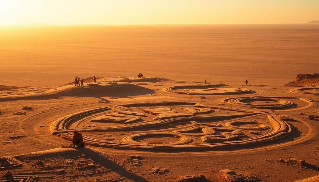 A vast Nazca landscape bathed in warm, golden light. In the foreground, skilled artisans meticulously carve and shape the earth, creating intricate geoglyphs using primitive tools and techniques. The middle ground reveals the scale and precision of their work, as massive figures and shapes emerge from the arid desert. In the background, the mysterious Nazca lines stretch across the horizon, their purpose and meaning still elusive. Subtle shadows and textures convey the ancient craftsmanship, while a sense of wonder and reverence permeates the scene.