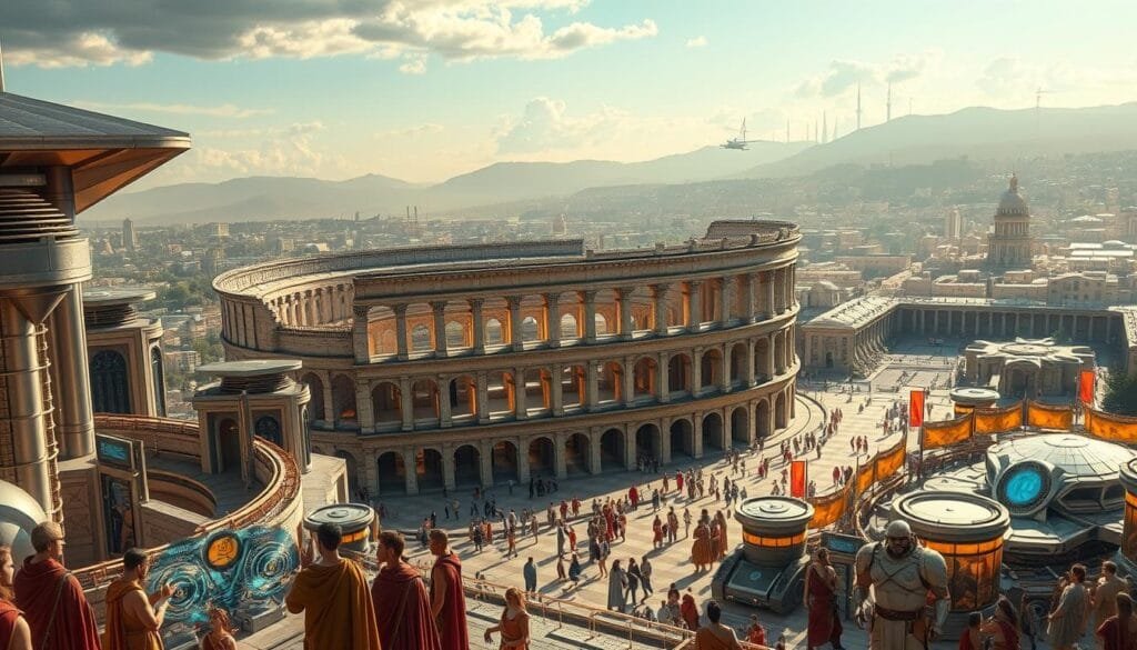 A vast Roman amphitheater, illuminated by a warm, golden light, stands as the centerpiece of this futuristic landscape. Towering metallic structures with sleek, streamlined designs surround the ancient architecture, seamlessly blending the old and the new. In the foreground, a group of Roman citizens interact with advanced holographic interfaces, showcasing innovative technologies that have stood the test of time. The middle ground features a thriving marketplace, where advanced robotic vendors showcase the latest mechanical marvels. In the background, a bustling cityscape stretches out, with flying vehicles and gleaming spires reaching towards the sky. The scene conveys a sense of timeless progress, where the technological prowess of the Roman Empire has continued to evolve and shape the world.