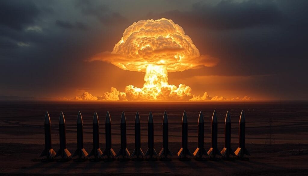 A vast and ominous nuclear explosion dominates the center of the frame, its mushroom cloud billowing upwards against a dark, foreboding sky. In the foreground, a cluster of intercontinental ballistic missiles stand at the ready, their sleek, metallic bodies casting long shadows across the desolate, war-torn landscape. In the distance, a series of military installations and command centers are barely visible, hinting at the global scale of this potential conflict. The overall atmosphere is one of dread and uneasy tension, a stark reminder of the devastating power of nuclear deterrence and the high stakes at play in a global confrontation.