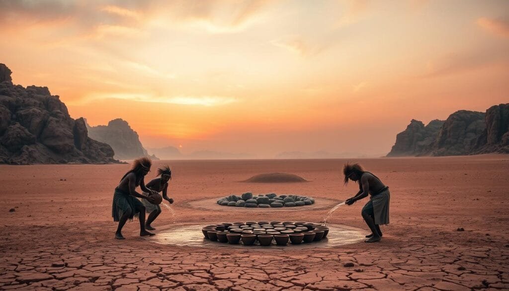 A vast, arid desert landscape at dusk, with rugged rock formations and a dry, cracked earth. In the foreground, a group of indigenous people perform a ritual, pouring water from ornate clay vessels onto the ground. The ritual participants wear traditional clothing and adorn themselves with intricate body paint and headdresses. In the middle ground, a circular arrangement of stones or earthen mounds suggests an ancient sacred site. The sky above is painted in warm hues of orange and pink, creating an ethereal, spiritual atmosphere. Soft, diffused lighting illuminates the scene, emphasizing the reverence and mysticism of the ritual. The overall composition conveys the deep cultural, ritual, and religious significance of water in this desert environment.