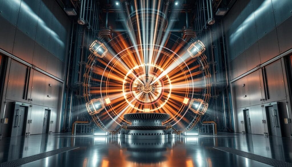 A vast, awe-inspiring fusion reactor fills the frame, its towering containment structures and intricate arrays of magnets and coils dominating the scene. Beams of ionized plasma dance and swirl within the reactor's core, harnessing the power of the stars in a mesmerizing display of scientific innovation. The background is a sleek, futuristic laboratory setting, with gleaming metal surfaces and minimalist architecture that evokes a sense of technological sophistication. Soft, diffused lighting casts dramatic shadows, highlighting the complex engineering and the sheer scale of this breakthrough in clean, limitless energy. The overall atmosphere conveys a sense of scientific progress, human ingenuity, and the transformative potential of fusion power.
