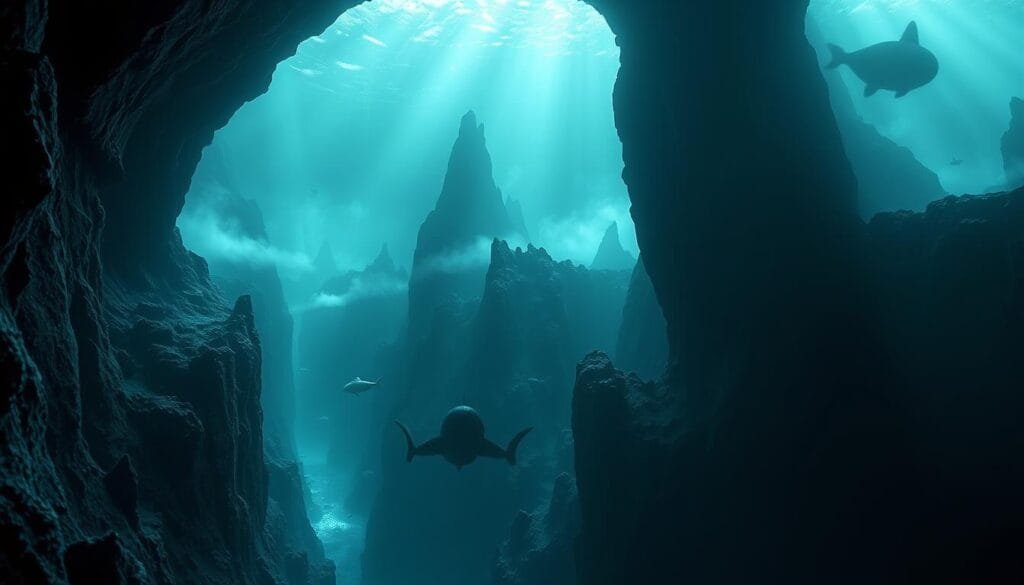 A vast, awe-inspiring seascape of oceanic trenches and mysterious underwater caves. In the foreground, a dramatic chasm plunges into the inky blackness, its jagged walls illuminated by shafts of ethereal blue-green bioluminescence. Suspended in the middle ground, towering seamounts and submerged rock formations rise from the abyssal depths, their contours shrouded in a hazy, otherworldly mist. In the distant background, the faint silhouettes of deep-sea creatures drift through the hazy, pressure-crushed waters, hinting at the untold wonders that remain undiscovered in the final frontiers of our planet's oceans. A high-contrast, cinematic lighting setup accentuates the sense of scale, mystery, and the untamed power of the deep.