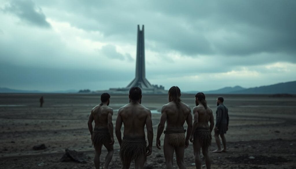 A vast, barren landscape stretches out under a somber, overcast sky. In the foreground, a group of Neanderthal figures stand in a contemplative pose, their brows furrowed as they gaze upon a towering, monolithic structure in the distance. The structure, with its sleek lines and angular design, represents a stark contrast to the more primitive, natural surroundings. The figures appear to be considering the implications of this alien presence, their expressions conveying a sense of unease and uncertainty. The scene is bathed in a moody, atmospheric lighting, casting long shadows and creating a palpable sense of tension. The overall composition suggests a thought-provoking juxtaposition between the ancient and the modern, hinting at the potential consequences of such an unlikely coexistence.