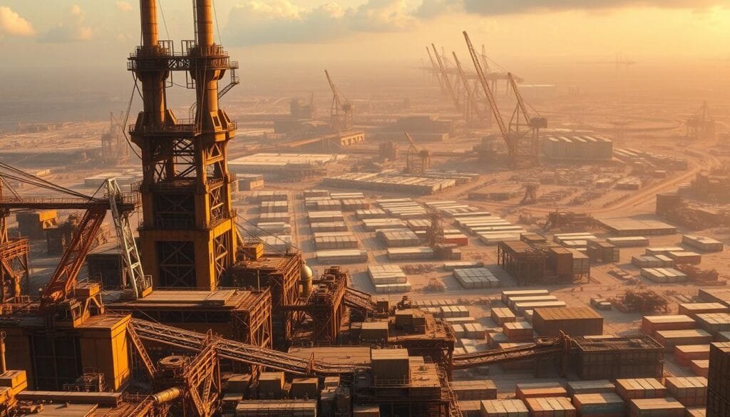 A vast, bustling planetary factory dominates the scene, its towering structures and intricate machinery symbolizing the global scale of commerce. In the foreground, workers toil amidst the cogs and gears, their movements choreographed like a well-oiled machine. The middle ground reveals sprawling warehouses and distribution hubs, conveying the worldwide reach of this industrial powerhouse. In the background, a panoramic vista of cities and transportation networks stretches to the horizon, a testament to the interconnectedness of this planetary trade network. Warm, diffused lighting casts a golden glow, evoking a sense of prosperity and progress. The overall atmosphere is one of industrial might, efficiency, and the relentless march of globalization.