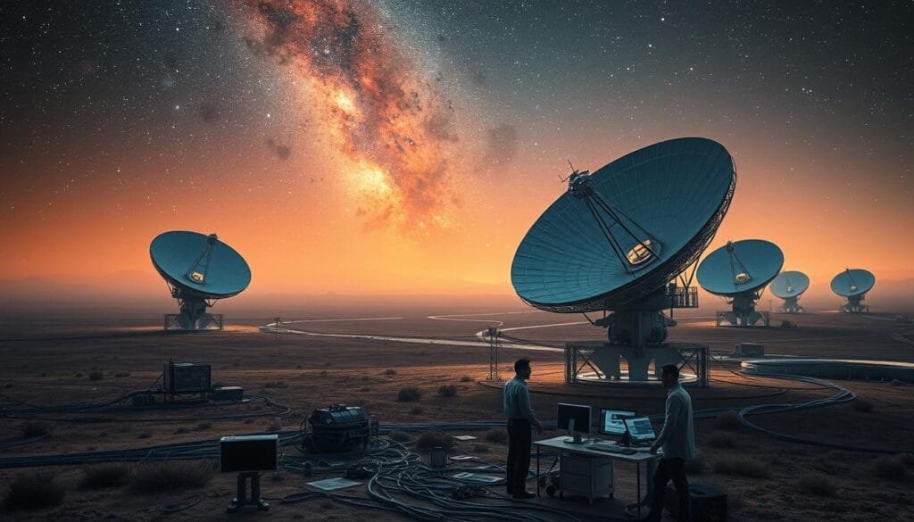 A vast cosmic expanse, illuminated by the warm glow of a distant galaxy. In the foreground, a sophisticated radio telescope array, its massive parabolic dishes meticulously aligned to detect the faint whispers of interstellar communications. Cables and antennas snake across the landscape, a testament to the human ingenuity dedicated to uncovering the secrets of the universe. The scene is bathed in a soft, ethereal light, creating an atmosphere of scientific wonder and exploration. In the middle ground, a team of researchers pores over data displays, their expressions a mixture of contemplation and anticipation, as they seek to unravel the mysteries of the cosmic silence. The background fades into a hazy, starlit sky, hinting at the vast unknown that lies beyond the reach of our current technological capabilities.