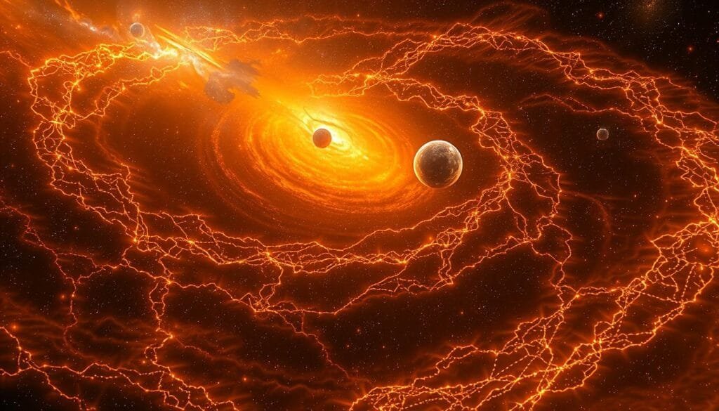 A vast cosmic landscape of swirling dark matter filaments, illuminated by the soft glow of early universe structures. Intricate webs of gravitational forces shape the distribution of this mysterious substance, guiding the formation of galaxies and galaxy clusters. Warm hues of orange and yellow bathe the scene, creating a sense of depth and ethereal beauty. The camera captures this cosmic dance from a wide, sweeping angle, showcasing the scale and grandeur of the early universe's dark matter infrastructure.