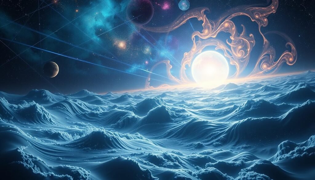 A vast, cosmic landscape with parallel universes colliding, creating ripples in the fabric of reality. In the foreground, a shimmering portal opens, revealing glimpses of alternate timelines. Swirling energy fields and fractals dance across the sky, hinting at the complexity of quantum entanglement. Wisps of nebulae and celestial bodies provide a mesmerizing backdrop, while subtle lighting casts an ethereal glow, evoking a sense of mystery and the unknown. The scene conveys the idea of parallel dimensions, the fragility of memory, and the possibility of slipping between realities.