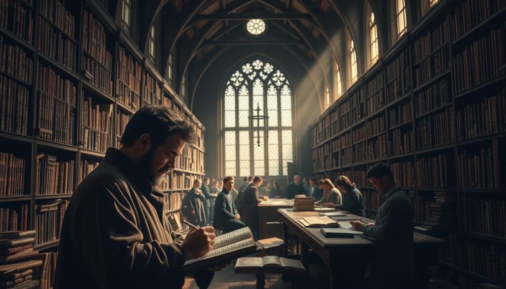 A vast, dimly lit library, its shelves brimming with ancient tomes. In the foreground, a scholar pores over a manuscript, deep in contemplation. Sunlight filters through stained glass windows, casting a warm glow across the scene. The middle ground reveals a bustling scriptorium, where scribes meticulously transcribe texts by hand. In the background, a group of students engage in lively discussion, the weight of knowledge shaping their expressions. The atmosphere is one of reverence, discovery, and the power of the printed word to transform minds and societies. A visual representation of the cultural and educational impact of the printing press, had it arrived centuries earlier.