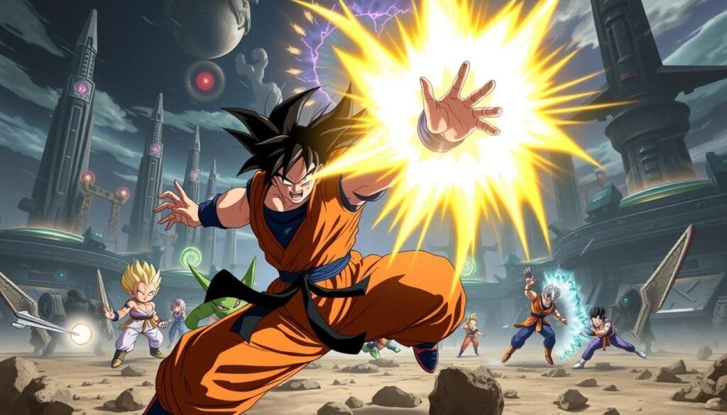 A vast, dynamic martial arts scene in the Dragon Ball universe. The foreground features Goku, mid-spin with a powerful energy blast emanating from his outstretched hands. His expression is one of intense focus, muscles rippling. The middle ground showcases other iconic Dragon Ball characters like Vegeta, Piccolo, and Gohan, locked in fierce combat. The background depicts a grand, futuristic landscape with towering structures, glowing energy fields, and hints of alien technology. Dramatic lighting casts dramatic shadows, adding depth and cinematic flair. A sense of cosmic scale and boundless power permeates the frame, capturing the epic scope of the Dragon Ball universe.