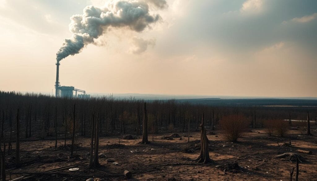 A vast, dystopian landscape depicting the devastating impact of environmental degradation. In the foreground, a decimated forest with charred, lifeless trees and cracked, parched earth. Towering over this scene, a looming, industrial structure emitting thick plumes of polluted smoke into a hazy, ominous sky. Scattered debris and discarded natural resources litter the middle ground, a stark contrast to the lush, vibrant greenery that should rightfully occupy this space. In the distance, a barren horizon devoid of life, a grim reminder of the consequences of unchecked human exploitation of the planet's finite resources. A chiaroscuro lighting accentuates the grim, somber mood, casting deep, unsettling shadows that whisper of the impending environmental crisis.