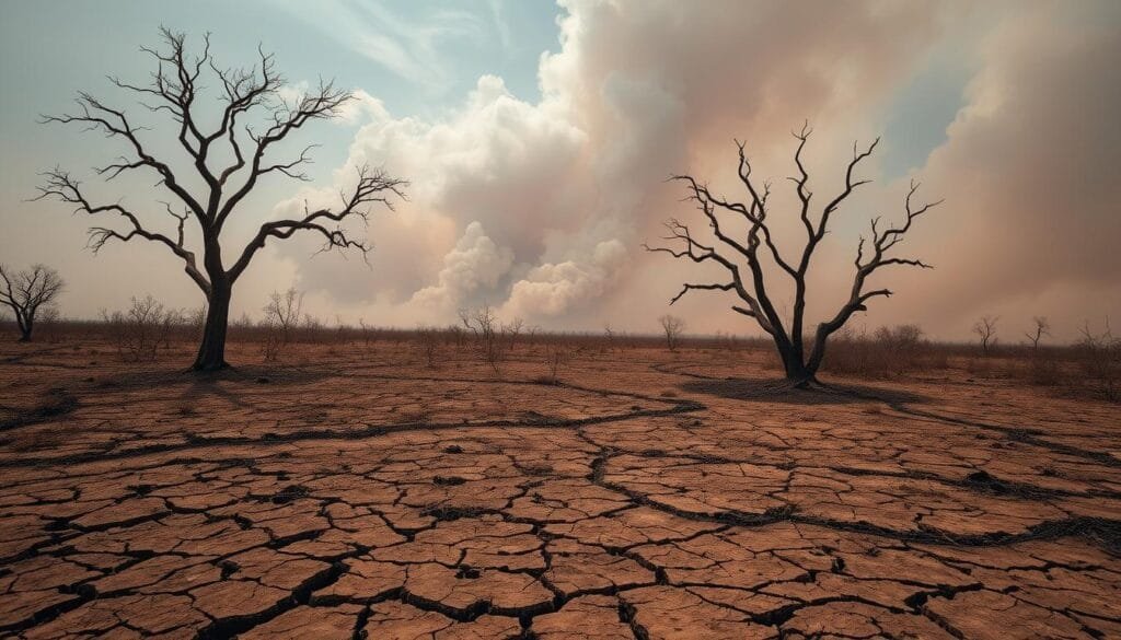 A vast, dystopian landscape where the ravages of climate change have taken their toll. In the foreground, a desolate, parched earth cracks under the scorching sun, while in the distance, billowing smoke and haze shroud the horizon. Towering, gnarled trees stand as silent sentinels, their barren branches reaching skyward in a desperate plea. The air is thick with an oppressive, ominous atmosphere, a tangible representation of the environmental crisis facing our world. Through a dramatic wide-angle lens, capture the overwhelming sense of despair and the urgent need for action to address the imminent threat of climate change and its devastating impact on our planet.