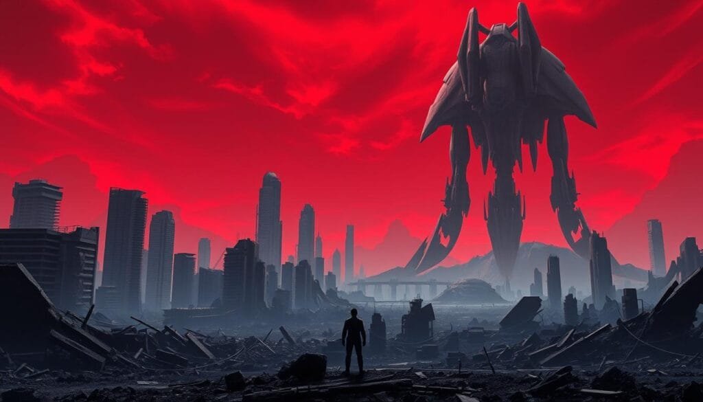 A vast, dystopian sci-fi landscape, lit by ominous crimson skies. In the foreground, a lone figure stands amidst the ruins of a futuristic city, their silhouette backlit by the eerie glow. In the middle ground, towering skyscrapers lean at precarious angles, their glass facades shattered. In the distance, a massive, alien structure looms, its organic geometry a stark contrast to the crumbling metropolis. The scene is imbued with a sense of foreboding and melancholy, hinting at a dark, alternative conclusion to a great interstellar journey.