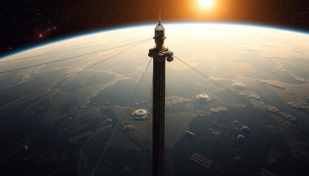 A vast expanse of space, with the Earth's blue orb in the distance. In the foreground, a towering space elevator structure rises majestically, its cables snaking upwards towards a glittering station in the sky. The elevator's sleek, metallic form is illuminated by warm, diffused lighting, casting dramatic shadows that convey a sense of scale and engineering prowess. In the middle ground, smaller spacecraft and satellites orbit the structure, showcasing the intricate interplay between the elevator and the surrounding space infrastructure. The background is a rich tapestry of stars, nebulae, and distant celestial bodies, hinting at the grand ambition and technological advancements that have made this engineering marvel a reality.