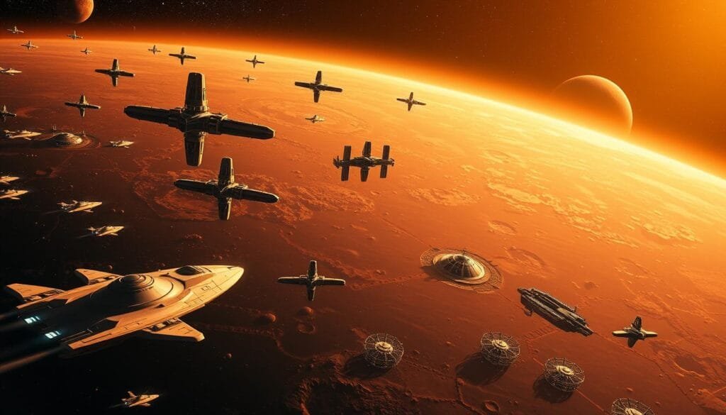 A vast expanse of the solar system, rendered in stunning detail. In the foreground, a fleet of sleek, futuristic spacecraft navigates the starry void, their ion engines propelling them towards distant destinations. Towering space stations hover majestically, their modular structures a testament to humanity's engineering prowess. The middle ground reveals bustling lunar colonies, their domes and habitats shimmering under the harsh glare of the sun. In the background, the crimson expanse of Mars dominates the horizon, hinting at the challenges and opportunities that await the next generation of space explorers. The scene is bathed in a warm, golden light, evoking a sense of optimism and wonder for the future of space exploration.