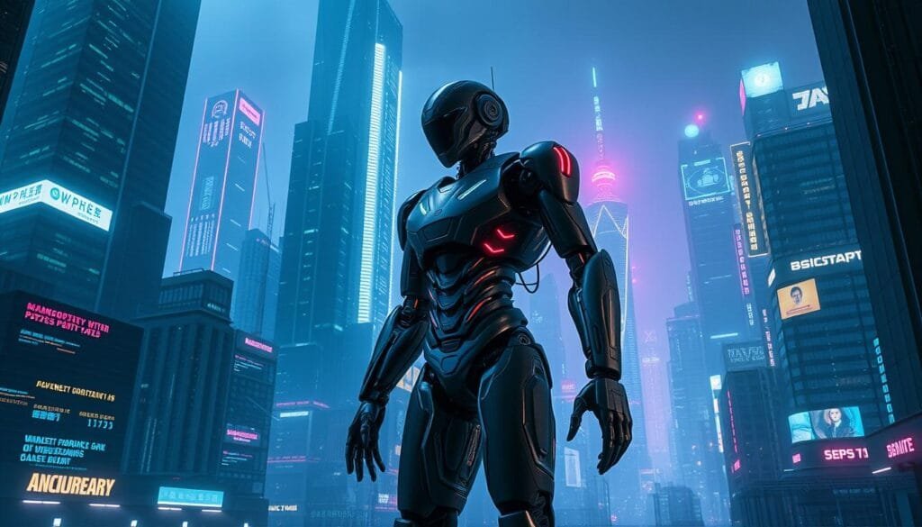 A vast, futuristic cityscape bathed in an eerie neon glow, where towering skyscrapers are adorned with holographic displays and glowing data streams. In the foreground, an imposing android figure stands resolute, its mechanical limbs and gleaming chassis a testament to the cutting-edge technology that permeates this dystopian sci-fi landscape. The air is charged with a sense of both wonder and unease, as the viewer is immersed in a world where the lines between man and machine have become increasingly blurred. Cinematic lighting casts dramatic shadows, amplifying the sense of tension and the inevitable clash between humanity and the relentless advance of technological progress.