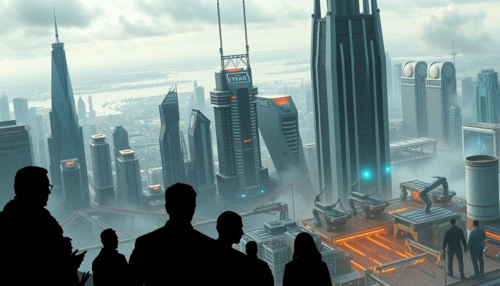 A vast, futuristic cityscape stretches out, its towering skyscrapers and gleaming infrastructure a testament to technological progress. Yet, amidst the dazzling displays of innovation, shadowy figures grapple with the complex ethical dilemmas posed by automation. In the foreground, a group of concerned citizens debate the social and economic ramifications, their expressions etched with both wonder and trepidation. The middle ground reveals a bustling hub of robotic systems, their movements precise and efficient, but hinting at the potential displacement of human labor. The background is shrouded in a hazy, contemplative atmosphere, as if the viewer is left to ponder the delicate balance between technological advancement and its impact on the human condition.