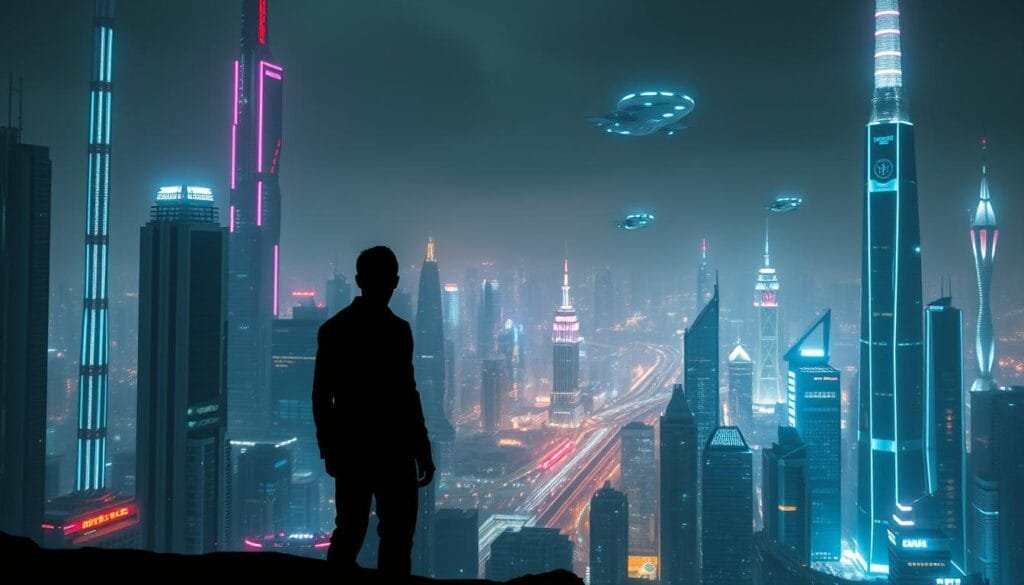 A vast, futuristic cityscape stretches out, its towering skyscrapers and sleek hovercrafts bathed in a vibrant, neon-tinged glow. In the foreground, a lone figure stands, their features obscured by the shadows, conveying a sense of solitude and contemplation against the backdrop of this advanced, technological world. The lighting is dramatic, with sharp contrasts between light and dark, creating an atmospheric, cinematic quality. The overall mood is one of quiet contemplation, a poignant exploration of the individual's place within the grand, ever-changing tapestry of time and progress.