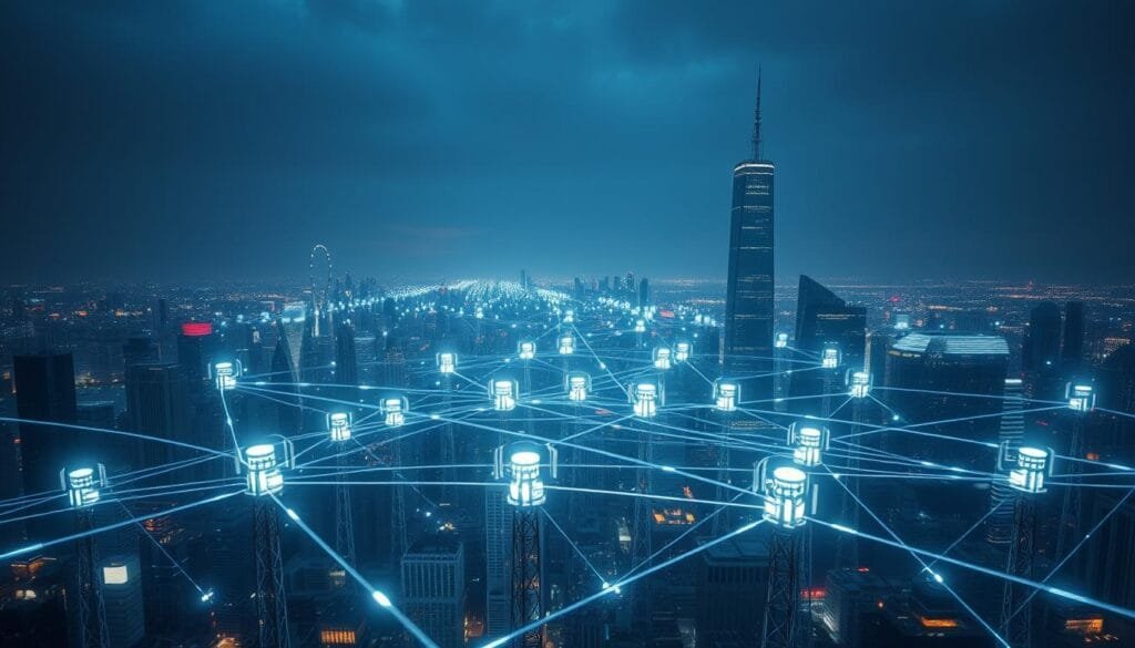 A vast, futuristic cityscape with gleaming skyscrapers, bustling with activity. In the foreground, a network of 5G cellular towers, their sleek designs emitting a soft, ethereal glow. Beams of light connect the towers, forming a complex web of wireless communication, linking the city in a seamless, global network. The sky is dimly lit, with a celestial hue that adds to the sense of technological wonder. The overall tone is one of progress, innovation, and the promise of a hyper-connected future.