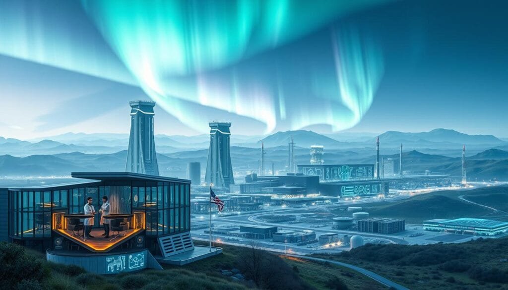 A vast, futuristic industrial complex nestled in a serene, natural landscape. In the foreground, a sleek, glass-encased quantum computing lab bustles with activity, technicians in white coats peering intently at holographic displays. The middle ground features towering, angular buildings housing cutting-edge research facilities, their facades adorned with intricate, neon-lit schematics. In the background, rolling hills give way to a sky ablaze with the aurora borealis, its ethereal lights casting an otherworldly glow over the scene. Crisp, high-contrast lighting accentuates the technological prowess and innovative spirit of this quantum industry powerhouse.