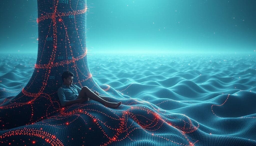 A vast, holographic landscape of interwoven data streams and narrative threads. In the foreground, a towering, abstract data visualization pulsates with predictive algorithms, its colors shifting and undulating. Amid the data, a human figure reclines, their form partially obscured by flickering digital overlays. The middle ground features undulating waves of virtual reality environments, blending seamlessly with the data. In the distant background, a horizon line of emerging technologies, their shapes hinting at the future. Diffuse, soft lighting casts an ethereal glow, creating a sense of wonder and contemplation. Cinematic camera angles and depth of field focus the viewer's attention on the fusion of narrative and data.