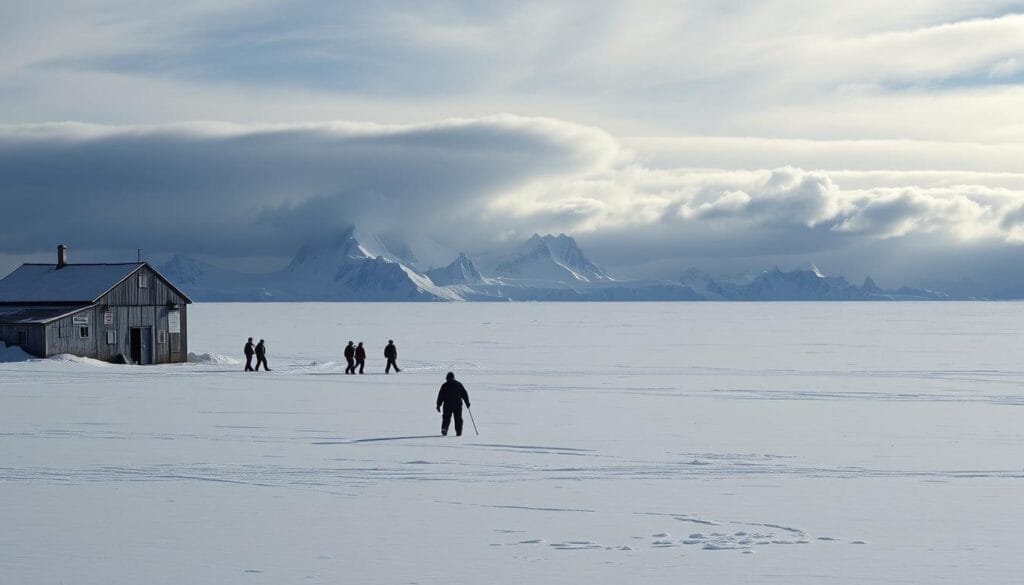 A vast, icy expanse of the Antarctic tundra, its surface blanketed in pristine snow. In the foreground, a weathered research station, its angular silhouette casting long shadows under the low, diffused light of the polar day. Figures in heavy cold-weather gear move purposefully, their breath visible in the frigid air. The middle ground reveals jagged, towering glaciers, their crevasses and ice formations reflecting the muted tones of the sky. In the distance, an ominous bank of clouds gathers, hinting at the unpredictable and unforgiving nature of this extreme environment. The overall atmosphere conveys a sense of isolation, challenge, and the human determination to persevere in the face of the Antarctic's formidable physical and psychological demands.