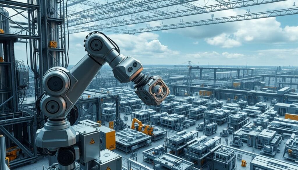 A vast industrial landscape comes into view, dominated by towering robotic assemblies and gleaming 4D-printed components. The scene exudes a sense of technological innovation and precision, with intricate machinery seamlessly integrating into the environment. In the foreground, a massive robotic arm gracefully manipulates a complex 4D-printed structure, its movements choreographed with mesmerizing fluidity. The middle ground reveals an array of automated workstations, where 4D-printed parts are assembled and tested with meticulous care. In the background, a panoramic view of the factory showcases the integration of 4D printing technology into the heart of strategic industries, transforming the way products are conceived, manufactured, and assembled.