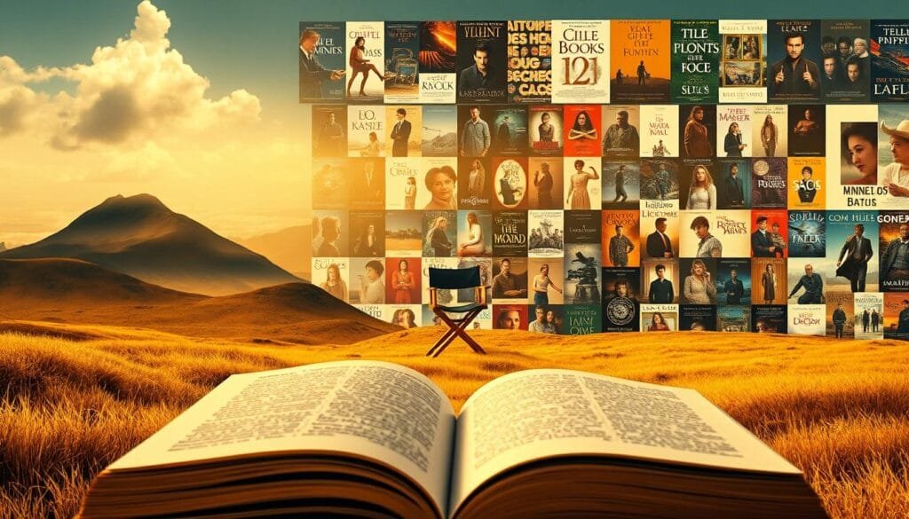 A vast landscape showcasing the evolution of adaptations from literature to cinema. In the foreground, a classic book cover transitions seamlessly into a cinematic scene, as if the pages have come to life. The middle ground features a director's chair and camera equipment, symbolizing the creative process of adaptation. In the background, a collage of iconic film posters from beloved book-to-movie adaptations, each representing a unique artistic interpretation. Soft, warm lighting bathes the scene, evoking a sense of nostalgia and the timeless relationship between the written word and the silver screen. The overall composition conveys the dynamic, ever-changing nature of adapting literary works for the visual medium of film.