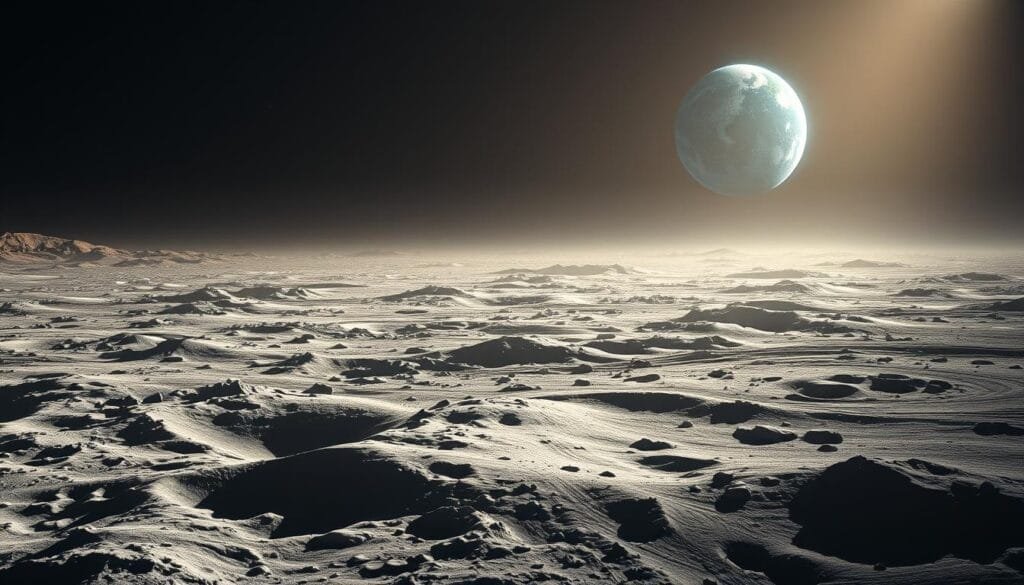A vast lunar landscape bathed in a soft, ethereal glow. In the foreground, the lunar surface is dotted with craters and rugged terrain, casting dramatic shadows that dance across the powdery regolith. The middle ground features a faint, translucent atmosphere, hinting at the challenges of creating a livable environment. In the distance, the Earth looms large, a vibrant blue and green oasis serving as a stark contrast to the barren, monochromatic moon. The scene conveys the immense scale and isolation of the lunar environment, underscoring the complexities of terraforming this desolate world. Crisp, high-resolution details, dramatic lighting, and a serene, contemplative mood.