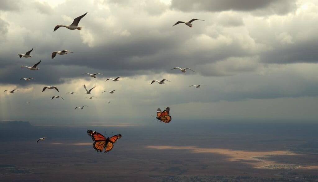 A vast migratory route stretches across the sky, as birds and butterflies navigate a shifting landscape. In the foreground, a flock of geese soar against an ominous, storm-churned sky, their flight paths disrupted by turbulent weather patterns. In the middle ground, a monarch butterfly flutters weakly, struggling against strong winds that threaten to blow it off course. In the background, a panoramic vista reveals the once-familiar landmarks now obscured by rising sea levels and encroaching deserts, the natural cues that have guided these travelers for generations now unrecognizable. Dramatic lighting casts dramatic shadows, evoking the sense of uncertainty and peril facing these migratory species as they contend with the impacts of climate change.
