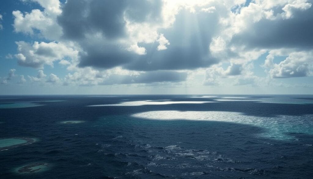 A vast, mysterious expanse of open ocean, the Bermuda Triangle comes into view. The deep blue waters stretch out to the horizon, dotted with small islands and atolls. In the center, the triangle's mythical coordinates are marked by three distinct landmasses - Bermuda, Puerto Rico, and Florida. Clouds gather ominously overhead, casting dramatic shadows across the waves. The scene has a sense of foreboding, hinting at the unexplained phenomena and disappearances that have made this region so infamous. Rays of sunlight pierce through the clouds, illuminating the choppy sea and giving the image an ethereal, otherworldly quality. The overall composition suggests the vastness and isolation of this geographic anomaly, setting the stage for the mysteries that unfold within its boundaries.