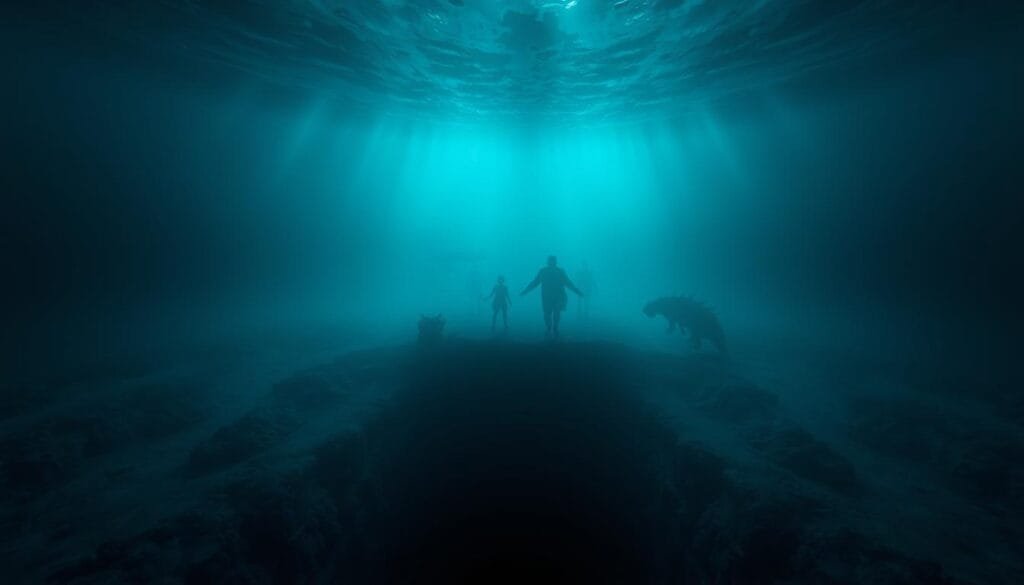 A vast, mysterious ocean abyss with an ethereal, otherworldly ambiance. In the foreground, the dark, cavernous depths of the Mariana Trench plunge downwards, hinting at untold secrets and hidden wonders. Shadowy figures and ghostly shapes dance in the middleground, suggesting the presence of strange, unknown creatures. The background is shrouded in a misty, aquamarine haze, conveying a sense of the immense scale and unexplored nature of this remote, unfathomable realm. Dramatic, dramatic lighting casts dramatic shadows, creating an atmosphere of wonder, intrigue and the unknown. Subtle chromatic aberration and a cinematic depth of field enhance the sense of mystery and otherworldliness.