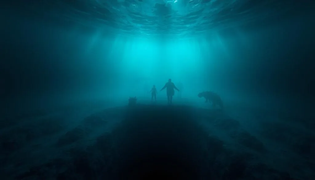 A vast, mysterious ocean abyss with an ethereal, otherworldly ambiance. In the foreground, the dark, cavernous depths of the Mariana Trench plunge downwards, hinting at untold secrets and hidden wonders. Shadowy figures and ghostly shapes dance in the middleground, suggesting the presence of strange, unknown creatures. The background is shrouded in a misty, aquamarine haze, conveying a sense of the immense scale and unexplored nature of this remote, unfathomable realm. Dramatic, dramatic lighting casts dramatic shadows, creating an atmosphere of wonder, intrigue and the unknown. Subtle chromatic aberration and a cinematic depth of field enhance the sense of mystery and otherworldliness. A vast, mysterious ocean abyss with an ethereal, otherworldly ambiance. In the foreground, the dark, cavernous depths of the Mariana Trench plunge downwards, hinting at untold secrets and hidden wonders. Shadowy figures and ghostly shapes dance in the middleground, suggesting the presence of strange, unknown creatures. The background is shrouded in a misty, aquamarine haze, conveying a sense of the immense scale and unexplored nature of this remote, unfathomable realm. Dramatic, dramatic lighting casts dramatic shadows, creating an atmosphere of wonder, intrigue and the unknown. Subtle chromatic aberration and a cinematic depth of field enhance the sense of mystery and otherworldliness.