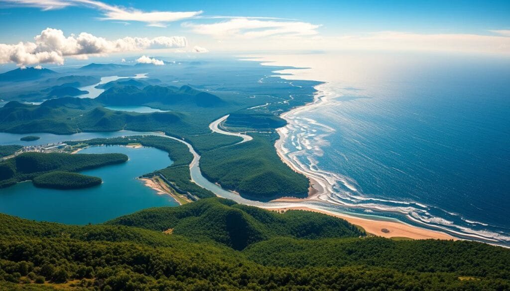 A vast, panoramic landscape showcasing the diverse bodies of water on Earth. In the foreground, a serene lake reflecting the surrounding mountains and forests. In the middle ground, a winding river snaking through verdant valleys. In the distance, the shimmering expanse of a majestic ocean, its waves lapping against the sandy shores. The scene is bathed in warm, golden sunlight, creating a sense of tranquility and natural harmony. Wispy clouds drift overhead, casting gentle shadows across the scene. The overall atmosphere conveys the vital role these water bodies play in sustaining life on our planet.