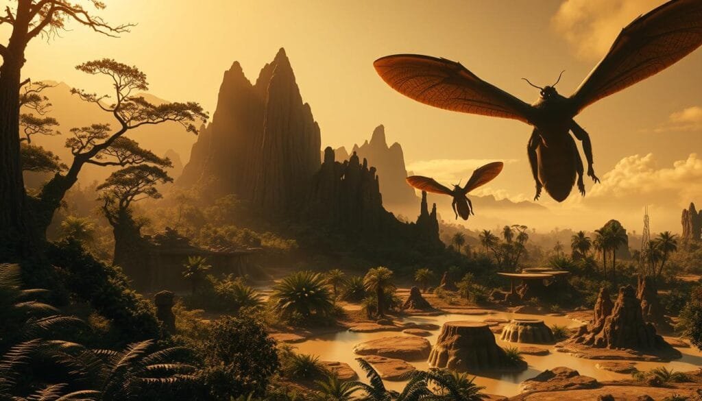 A vast prehistoric ecosystem teeming with life, captured in stunning detail. In the foreground, towering ancient trees and ferns cast long shadows across a lush, primordial landscape. Elaborate rock formations and bubbling pools of geothermal activity form the middle ground, hinting at the untamed power of this bygone world. In the distance, the silhouettes of massive, winged creatures soar effortlessly through the warm, hazy atmosphere, their colossal forms dwarfing the surrounding environment. Dramatic lighting from a low angle emphasizes the scale and grandeur of this primeval scene, transporting the viewer back to a time when insects and other arthropods reigned supreme.