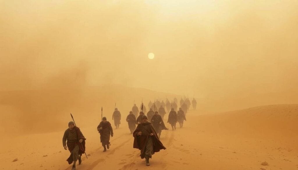 A vast sandstorm sweeps across the arid Persian landscape, engulfing a hapless army marching through the desert. In the foreground, weary soldiers struggle against the relentless winds, their cloaks and garments billowing in the storm. The middle ground reveals a sea of sand, dunes undulating like waves, obscuring the path ahead. In the distance, a hazy horizon is barely visible, the sun a pale orb dimmed by the swirling dust. The scene is bathed in a warm, sepia-toned light, casting long shadows and lending an air of antiquity. Cinematic wide-angle lens captures the sheer scale of this doomed expedition, as Herodotus' tragic tale of the lost army unfolds.