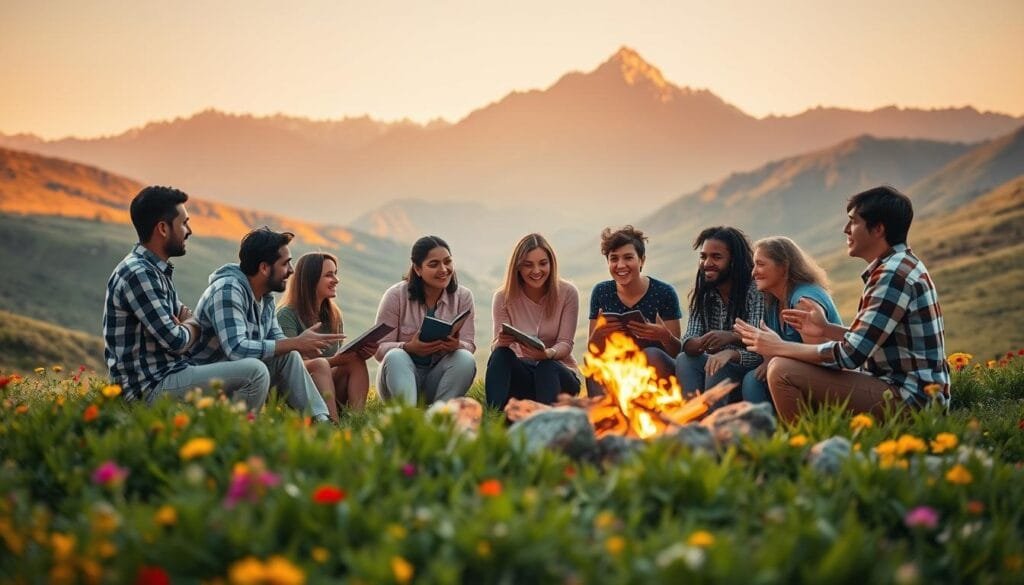 A vast, sun-drenched landscape, rolling hills dotted with lush greenery and vibrant wildflowers. In the foreground, a group of diverse individuals gathered around a crackling campfire, their faces lit by the warm glow as they animatedly share stories, hands gesturing with passion. Behind them, towering mountains rise, their peaks catching the golden rays of the setting sun, casting a soft, dreamlike hue over the scene. A sense of camaraderie, inspiration, and the power of shared narratives permeates the air, inviting the viewer to be transported into this captivating storytelling moment.